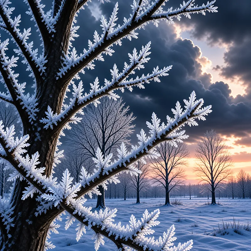 Icy white crystals coat dark tree limbs while warm light breaks through heavy clouds in the background.