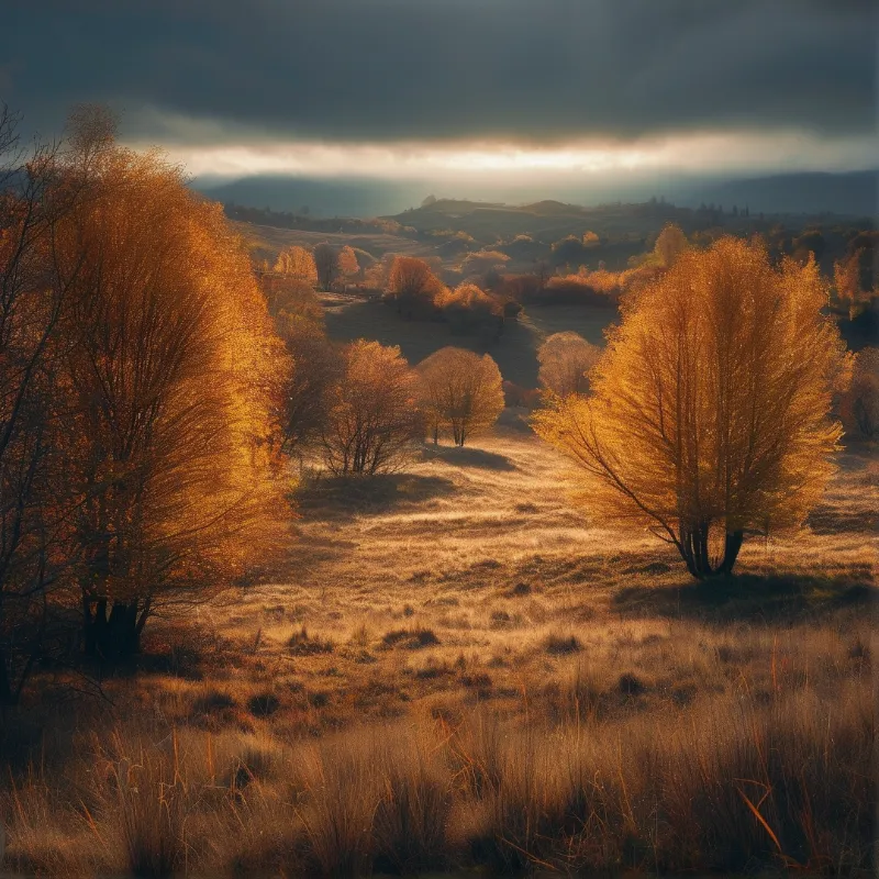 Bright yellow autumn trees stand in a grassy valley while sunbeams break through dark storm clouds in the distance.