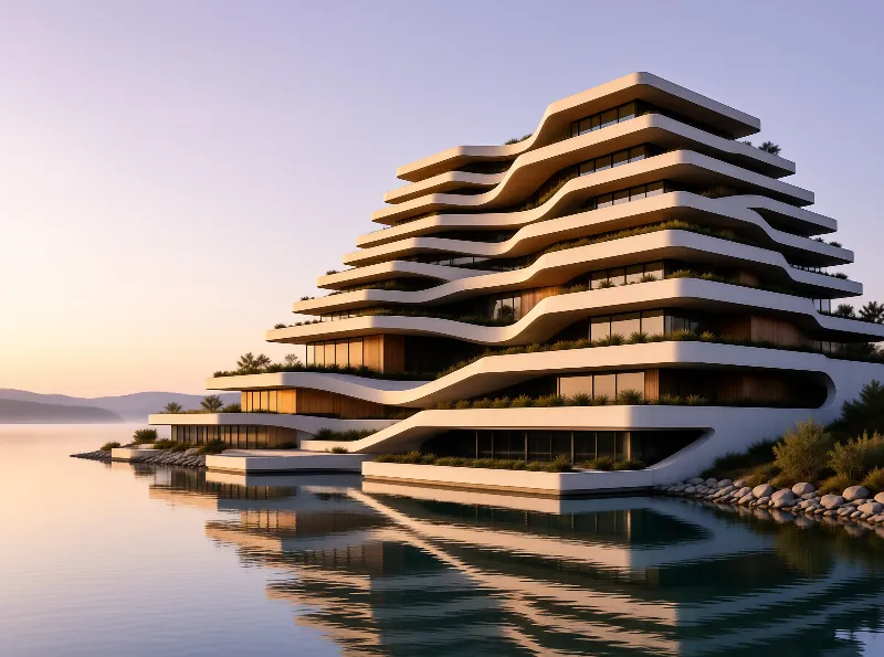 A modern white structure with wavy layers sits on the shore of a calm lake during golden hour.