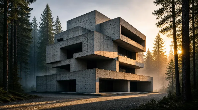 Modern Concrete Building in Forest