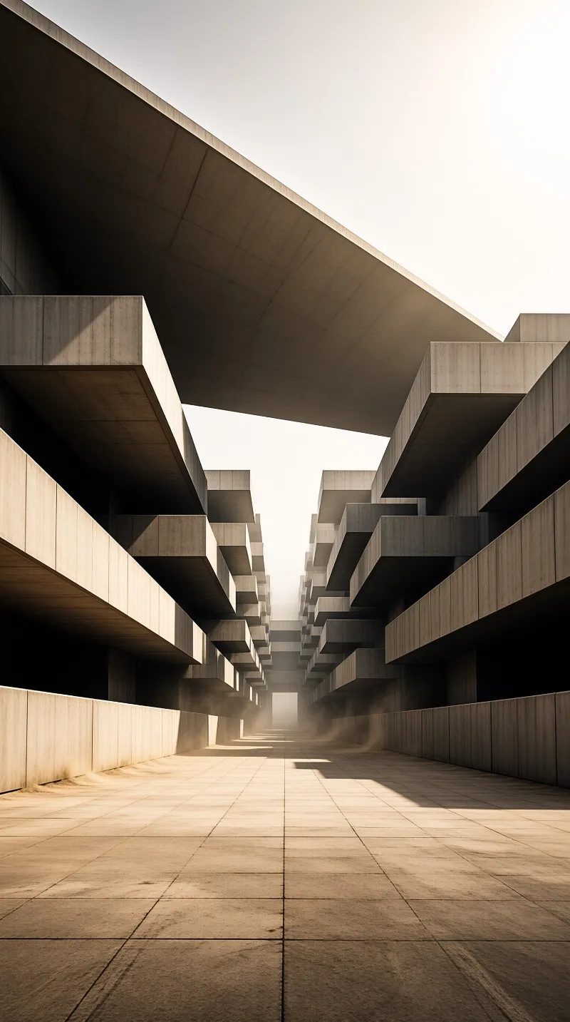 A minimalist architectural view looking down a wide tiled walkway flanked by staggered grey concrete ledges under a pale sky.