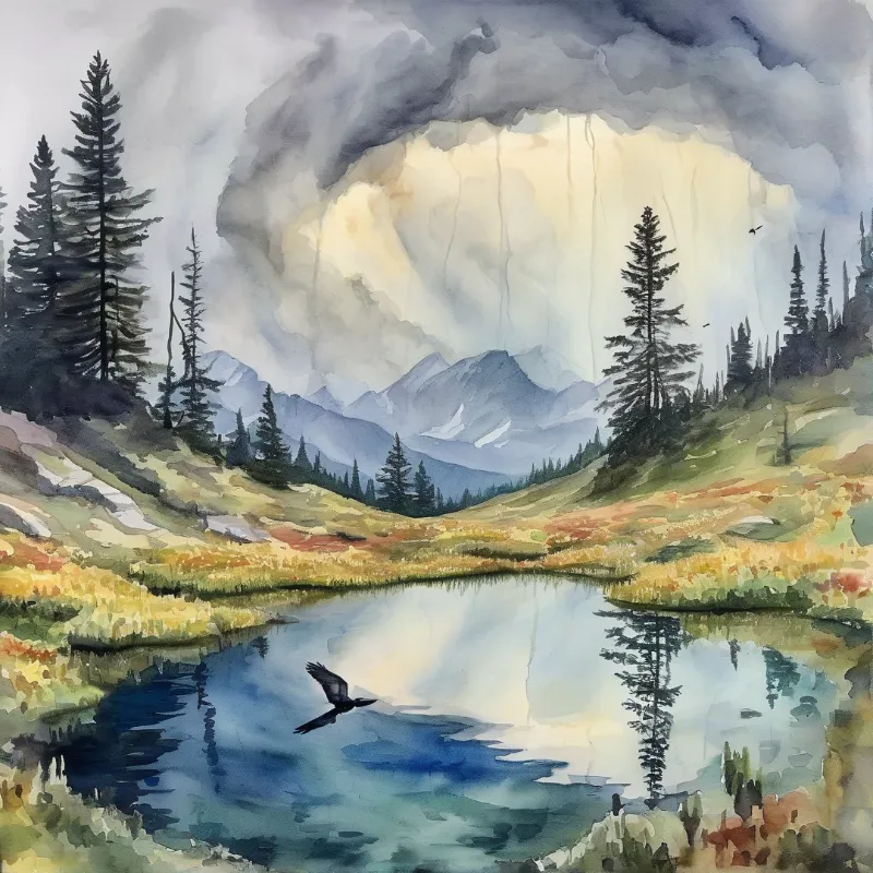 A watercolor landscape shows a bird flying over a lake reflecting pine trees and distant mountains beneath dramatic clouds.