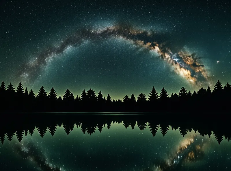 A vast starry sky features the Milky Way arching above a line of silhouetted pine trees and a calm lake that mirrors the celestial display.