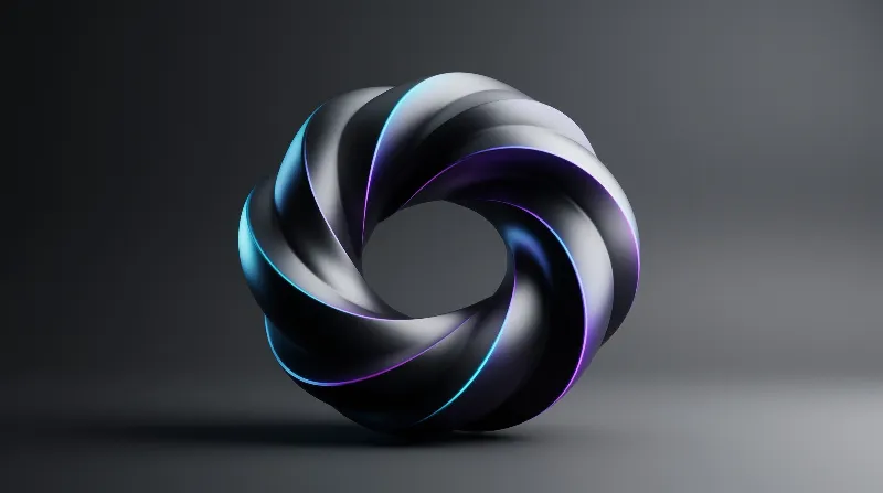 A glossy metallic twisted torus sits on a smooth dark grey studio surface, glowing cyan and violet edges tracing its curved spiraling form.