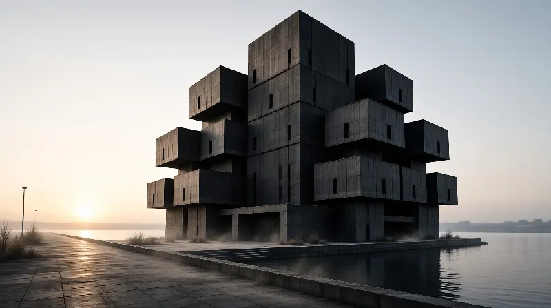 A massive structure of stacked concrete cubes stands beside calm water while the sun rises low casting light across the pavement.