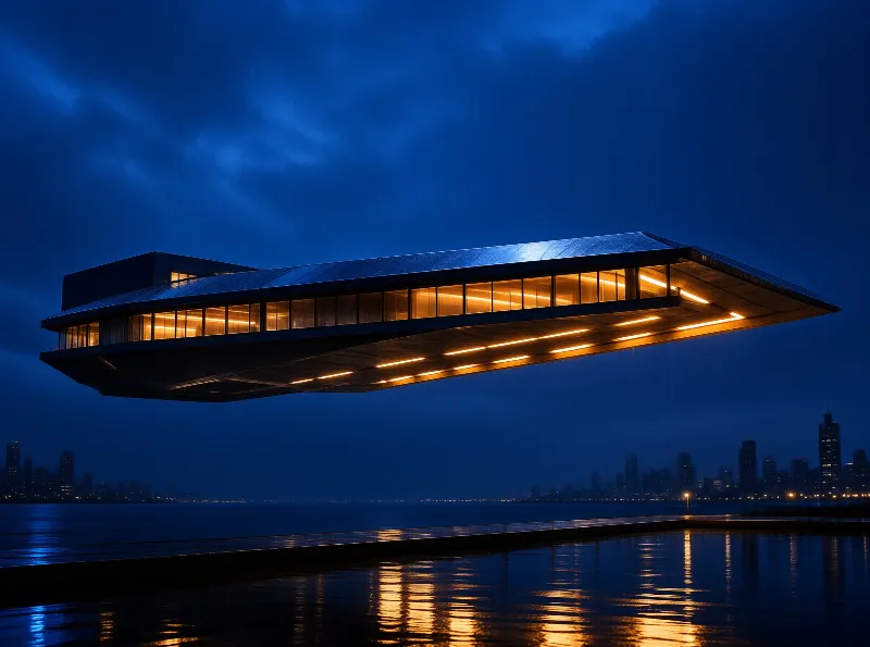 A sleek dark building hovers above calm water at night while warm yellow lights glow from its windows against a blue sky.