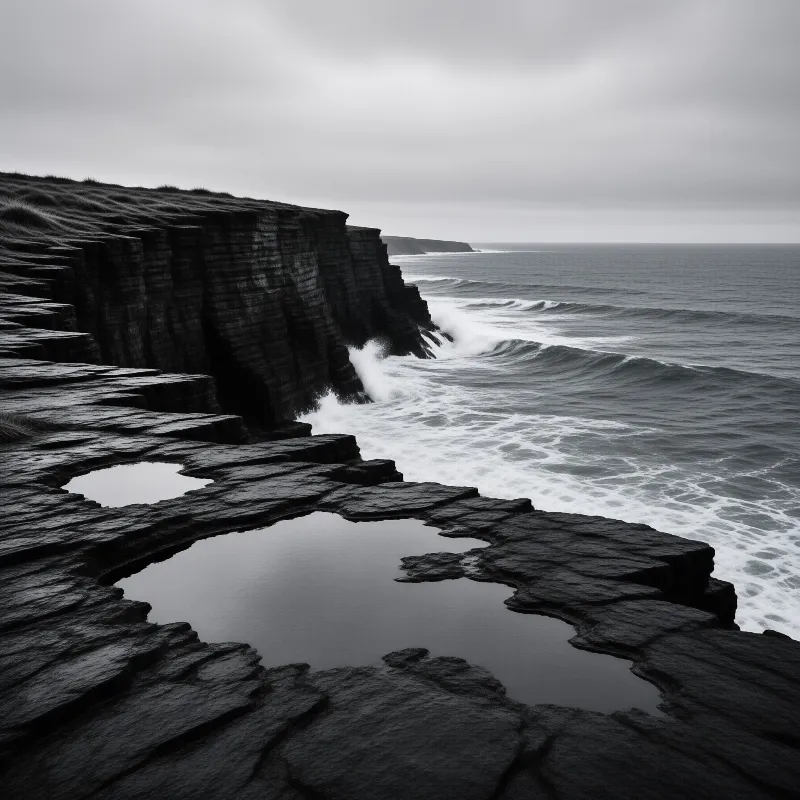 Dark jagged rock formations hold still pools of water while waves crash against a rugged coastline under a gray sky.