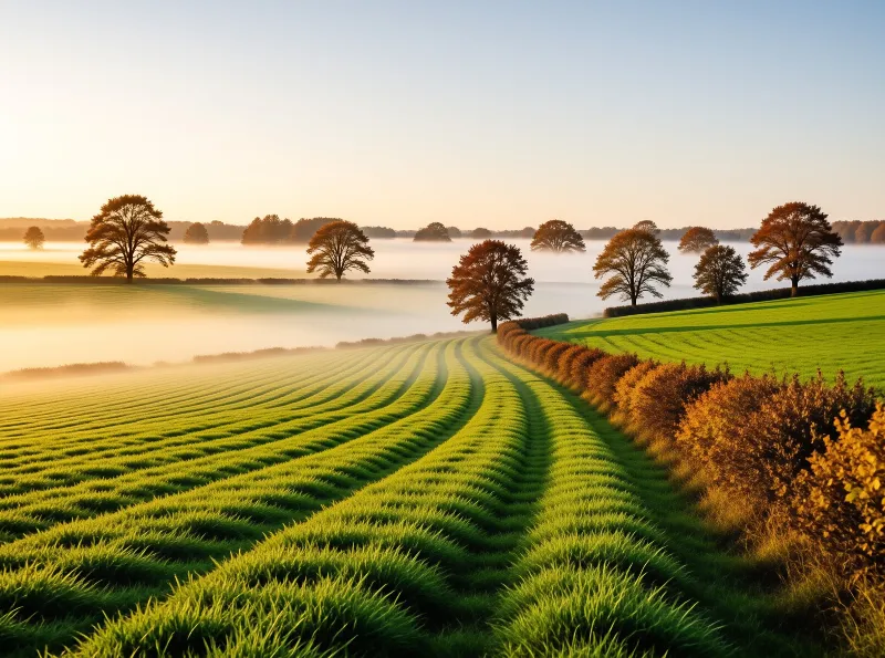 Golden morning light rakes across curving rows of green wheat dotted with mist and autumn trees.