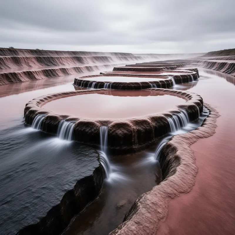Layered pink water formations create spiral terraces cascading down a dry landscape under diffuse light.