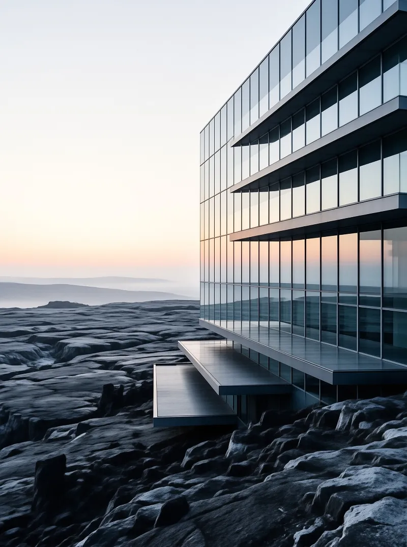 A sleek glass building with cantilevered floors stands atop dark rocky terrain during a colorful sunset.