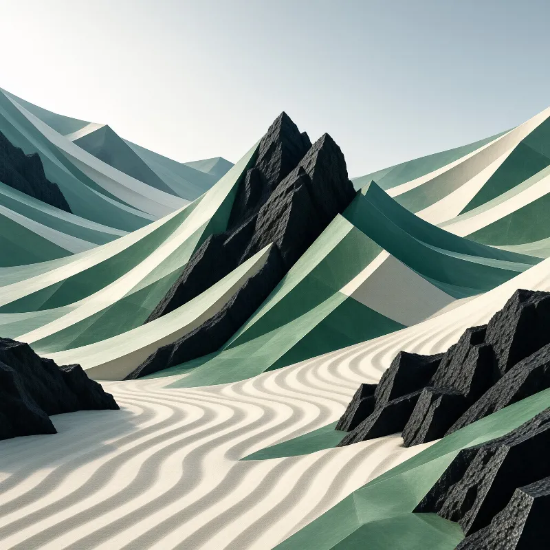A stylized 3D landscape shows dark jagged peaks between hills striped in mint green and cream, above rippled pale sand.