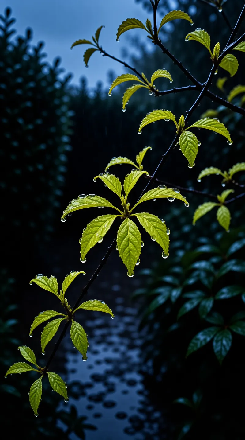 A tree branch with bright green leaves covered in water droplets against a dark blurry background of blue twilight.