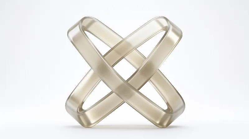 Two brushed bronze rings weave through each other as a smooth sculptural knot on a pale studio backdrop.