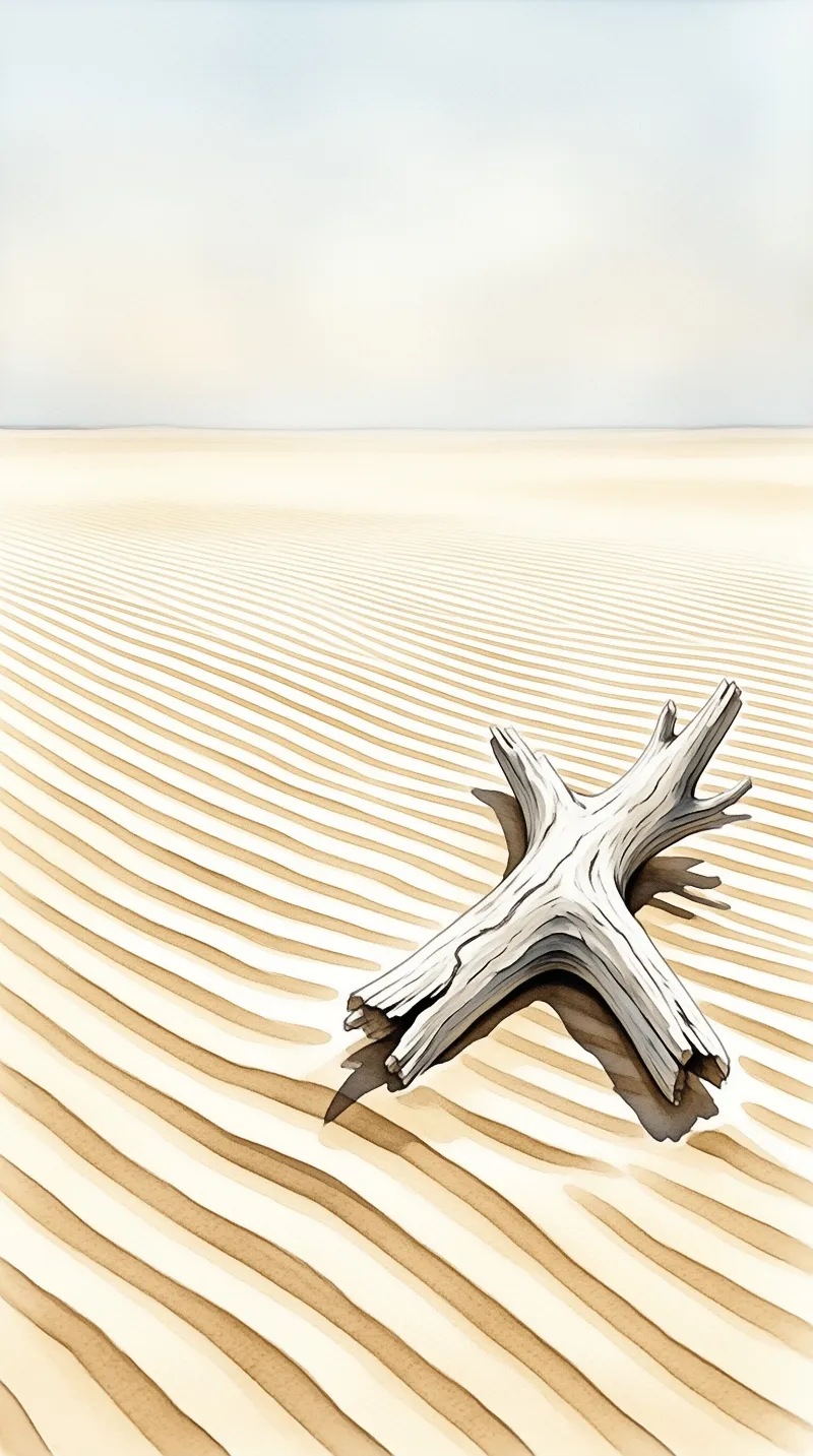 A bleached fragment rests on wind-carved dunes stretching toward a hazy bright horizon.