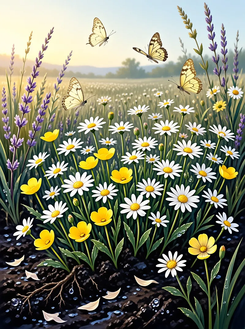 White daisies and yellow flowers grow beside purple lavender as butterflies fly over the dewy field.