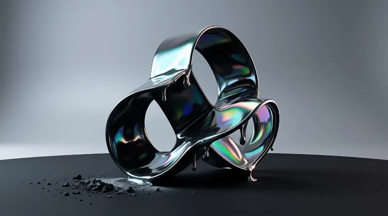 A shiny iridescent looped metal structure melts onto a dark surface near scattered black particles.