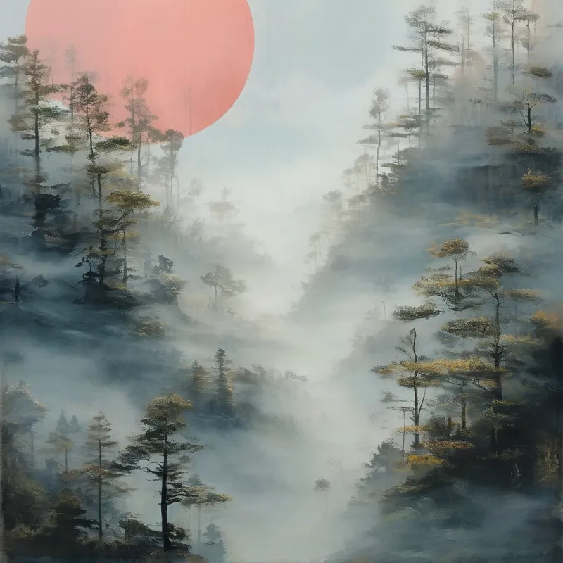 A soft coral sun glows behind sparse conifer tops while heavy fog fills the valleys between tall thin trunks.