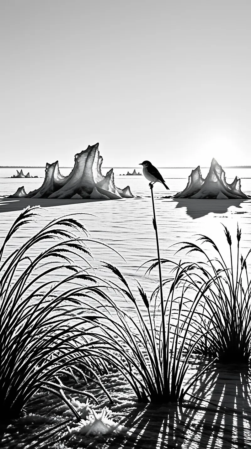 A small bird perches on a slender reed stalk with jagged salt formations rising from the water behind.
