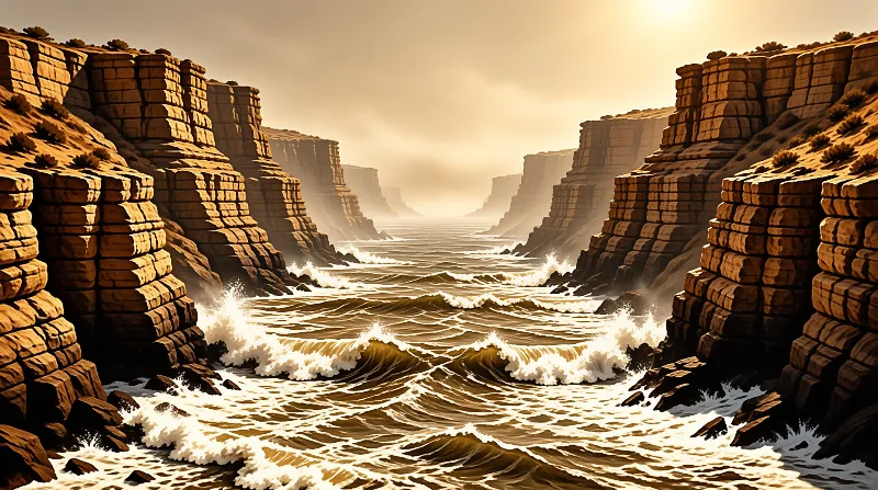 Towering blocky cliffs line a narrow sea channel with waves crashing under a warm golden sky.
