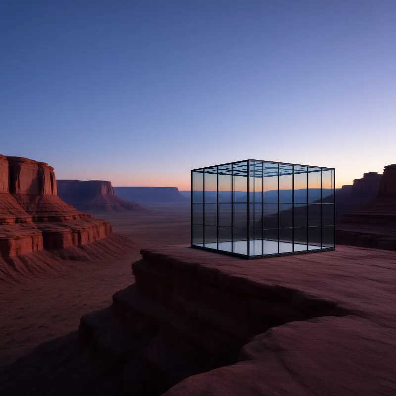 A transparent glass box sits on a rocky ledge overlooking a vast desert canyon during the blue hour.