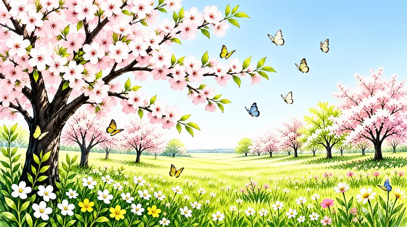 A digital painting features a large tree with pink blossoms beside a grassy field where colorful butterflies fly.