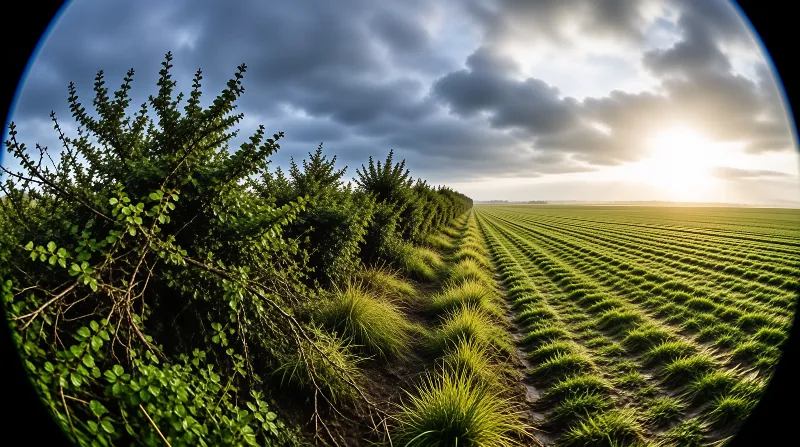 A dense hedge borders a wide field while bright sunlight breaks through dark clouds on the distant horizon.