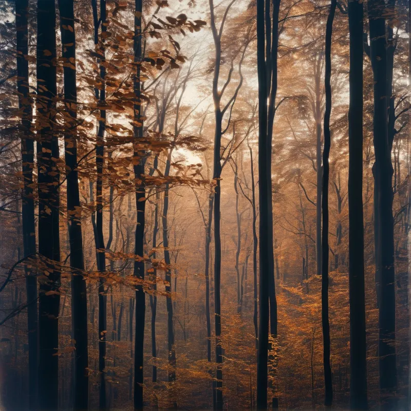 Vertical trunks of dark trees stand tall within a hazy woodland bathed in warm orange morning rays.