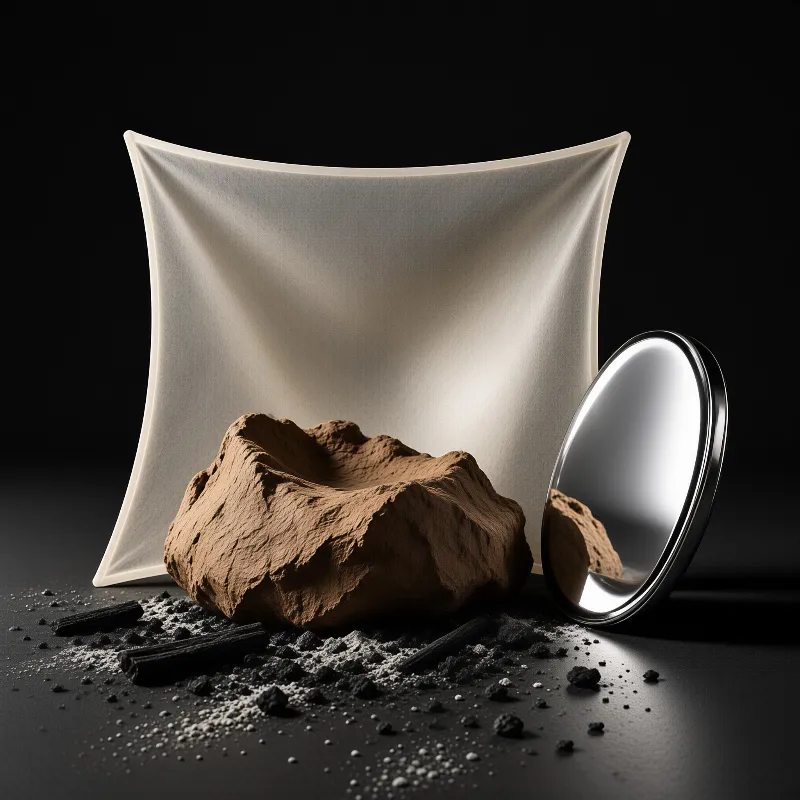 A hollow red-brown stone sits before a stretched cream cloth on a dark set, its reflection caught in a small mirror.