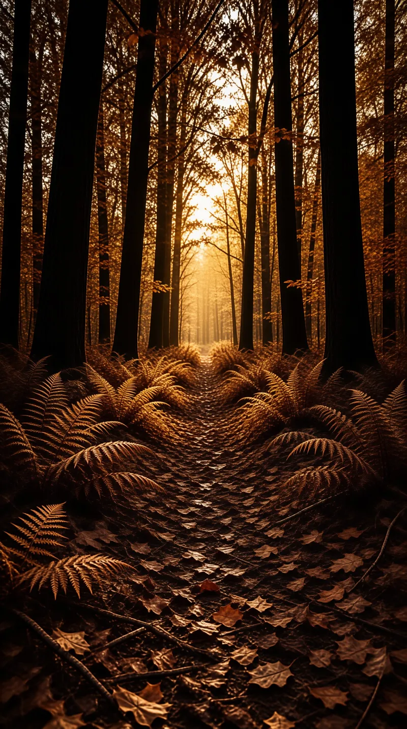 A path winds through a forest of tall trees, lined with golden ferns and leaves, while sunlight shines from the distance.
