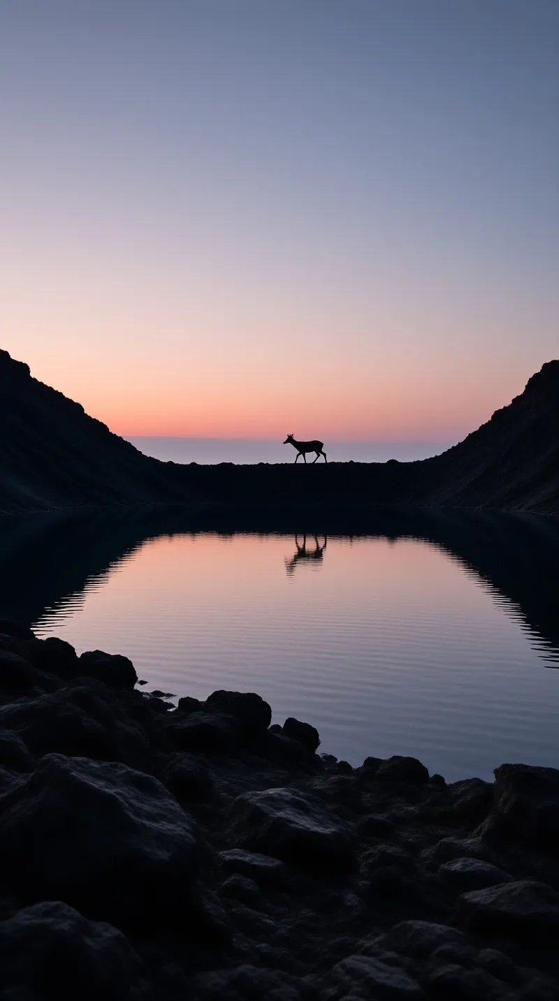 A black silhouette of a deer stands on a dark ridge above a calm lake that mirrors the fading pink and blue sky.