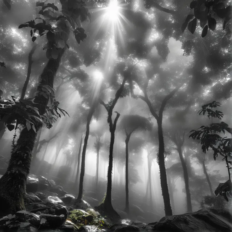 Sunlight streams through a dense canopy of tall trees creating dramatic beams in a foggy woodland environment.