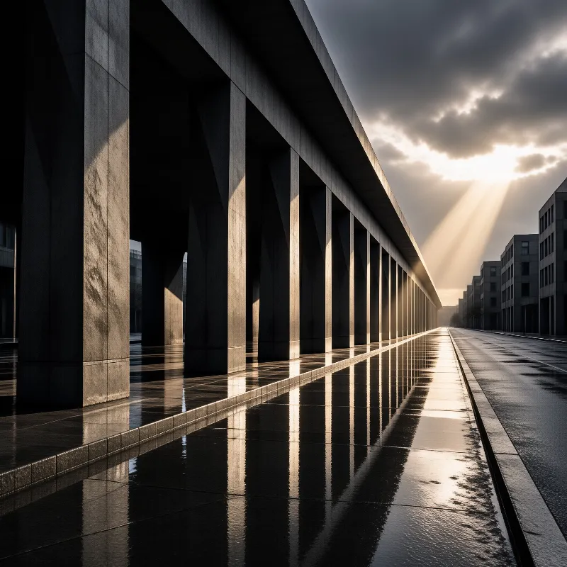 Dark concrete columns line a wet pavement as brilliant sunlight streams through heavy clouds.