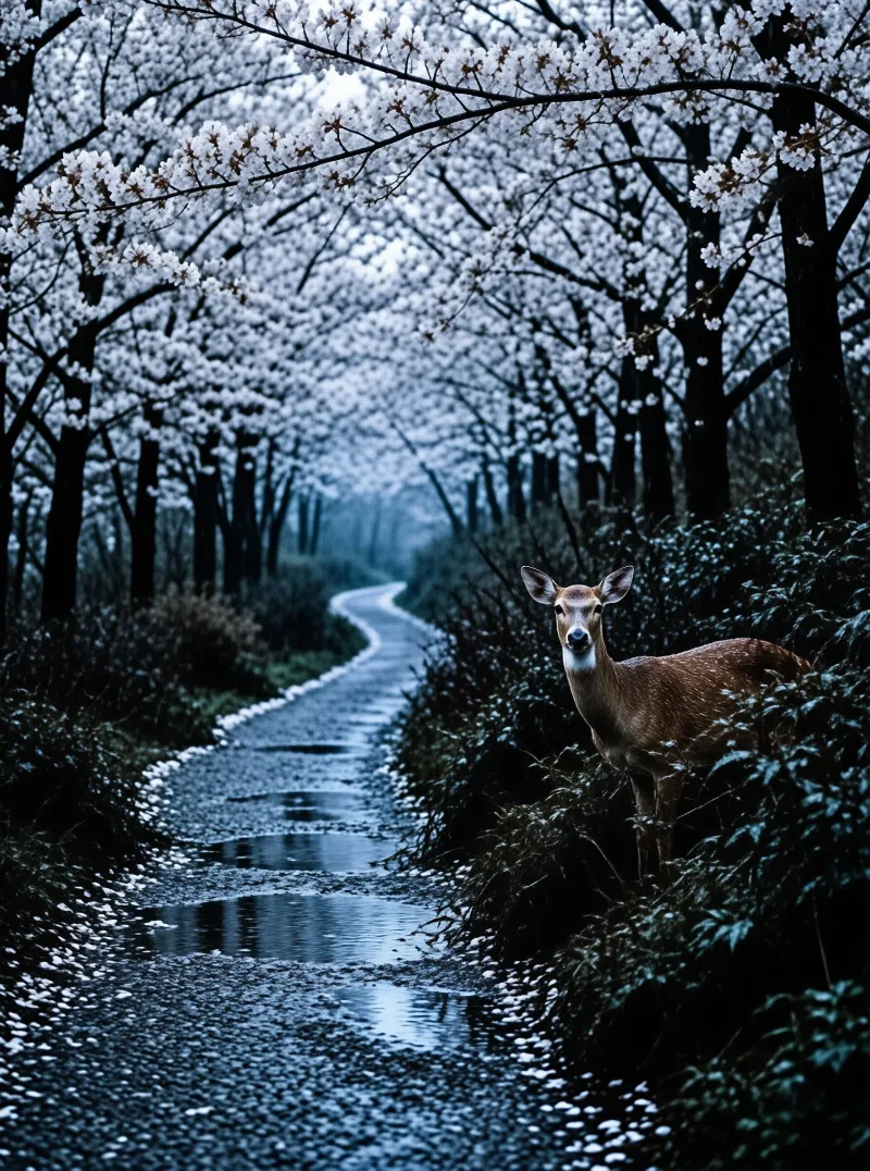 A brown deer stands in bushes beside a winding wet road lined with blooming cherry trees under a cool blue atmosphere.