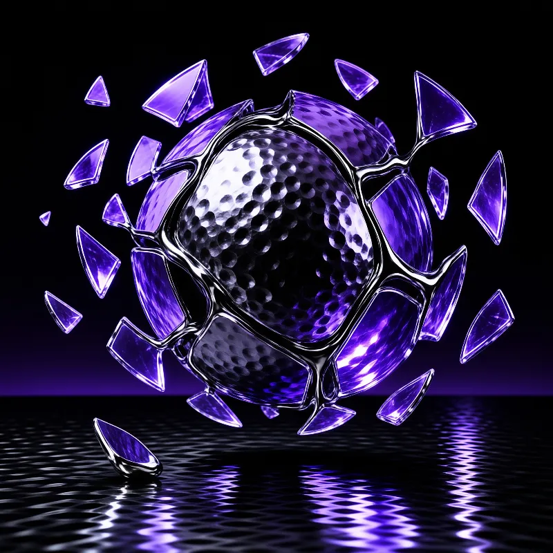 A shiny chrome sphere with a dimpled surface floats in darkness surrounded by suspended purple geometric shards.