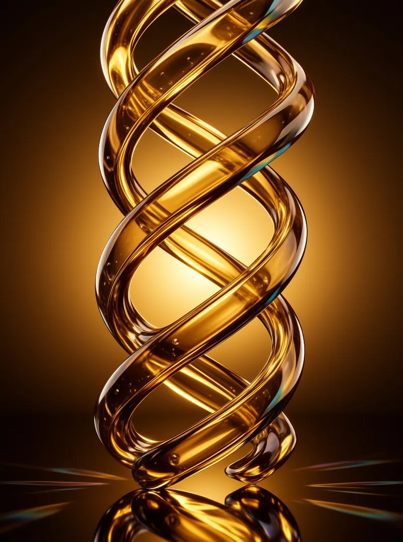 Twisted amber helix structure made of viscous liquid glows against a dark brown background.