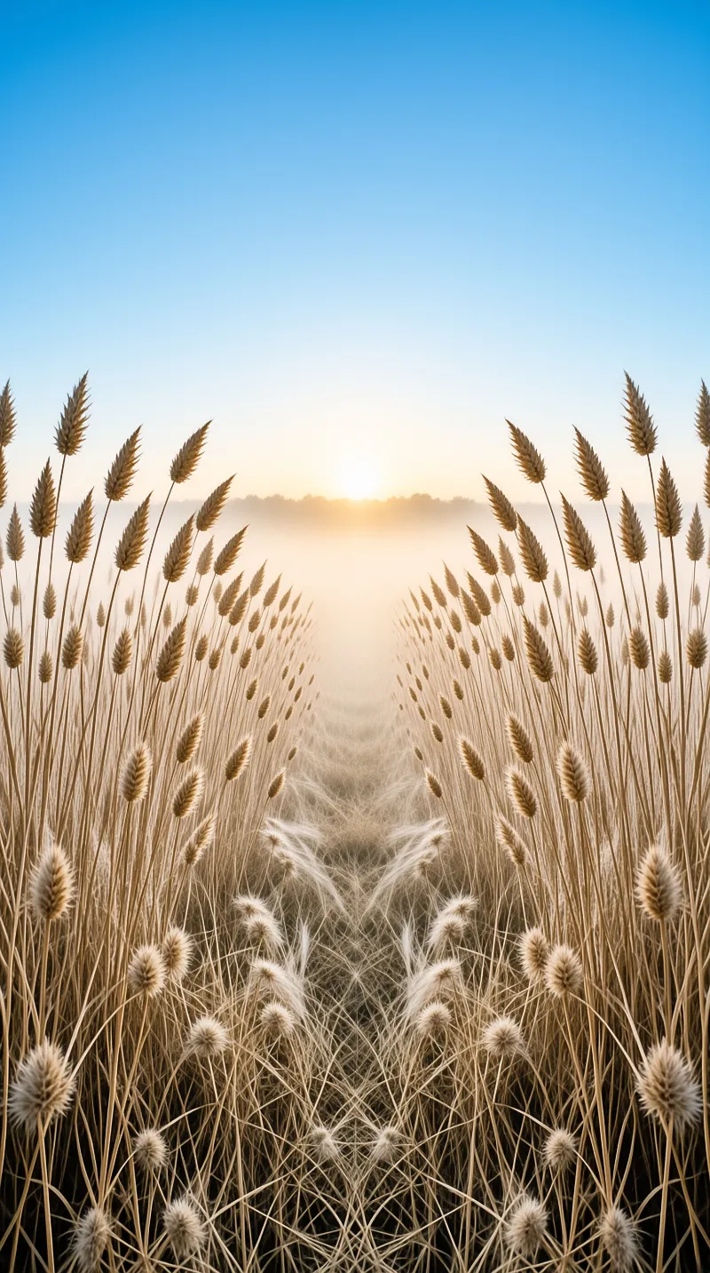 Tall dry wheat stalks line a central path leading toward a glowing sun on the horizon under a clear blue sky.