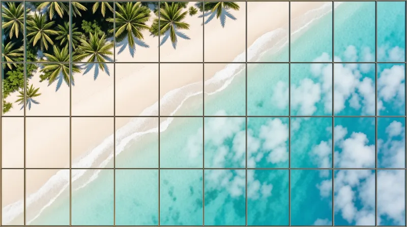 Overhead view of lush green coconut palms rising above pale sand and turquoise cloud-dappled water with a square grid overlay