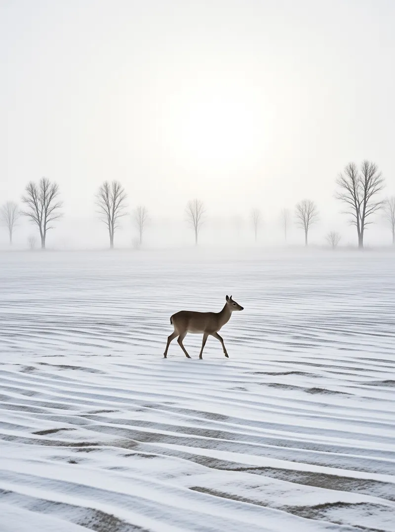 A single deer walks in profile across furrowed white snow while leafless trees dissolve into pale fog behind it.
