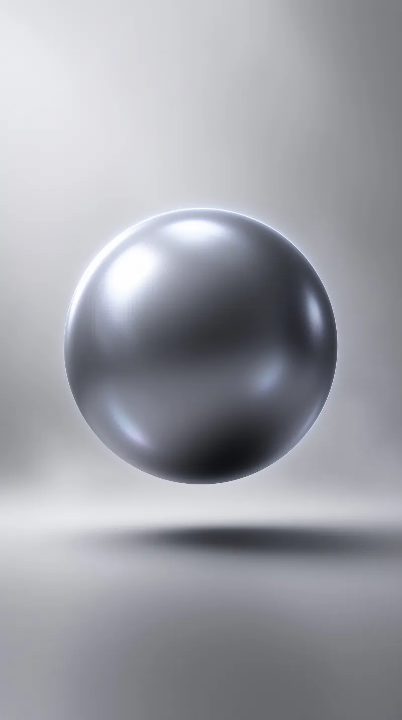 A smooth metallic sphere hovers centrally against a seamless gradient background that transitions from light to dark grey while soft directional lighting creates bright reflections on the upper left curvature and casts a diffuse shadow beneath the floating object.