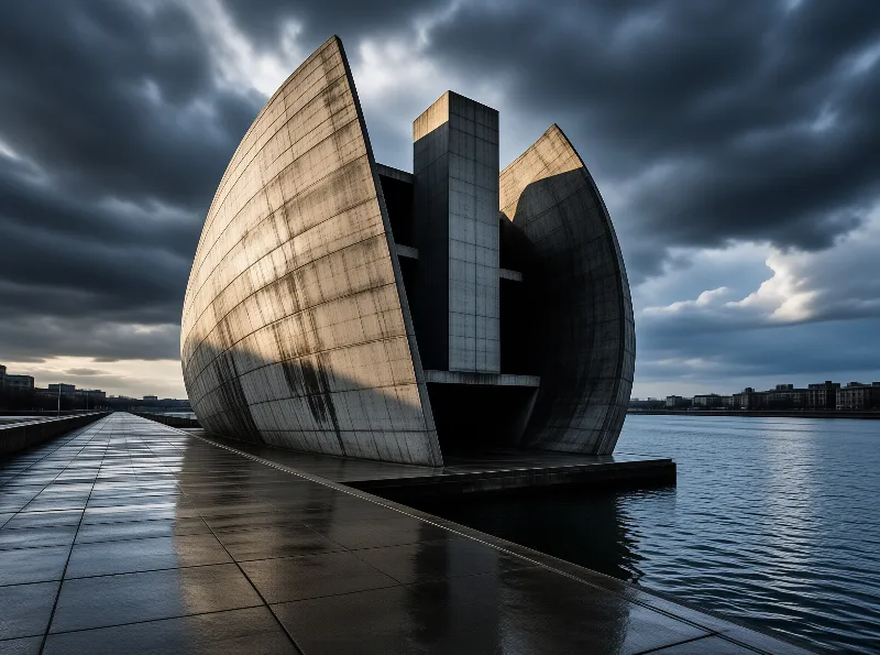 Massive weathered concrete blocks stand beside a wet canal reflecting sunlight under a dramatic cloudy sky.