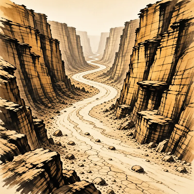 A light-colored winding river flows through a narrow canyon flanked by towering brown rock formations and scattered stones.