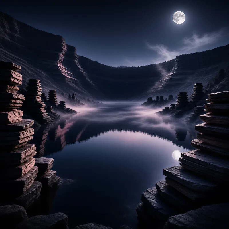 A serene nighttime landscape features jagged rock formations along a calm water surface where low mist drifts across the ripples beneath a bright full moon reflecting in the dark blue sky.