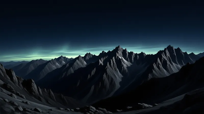 A jagged mountain range stands tall against a dark sky with a faint green glow near the horizon.