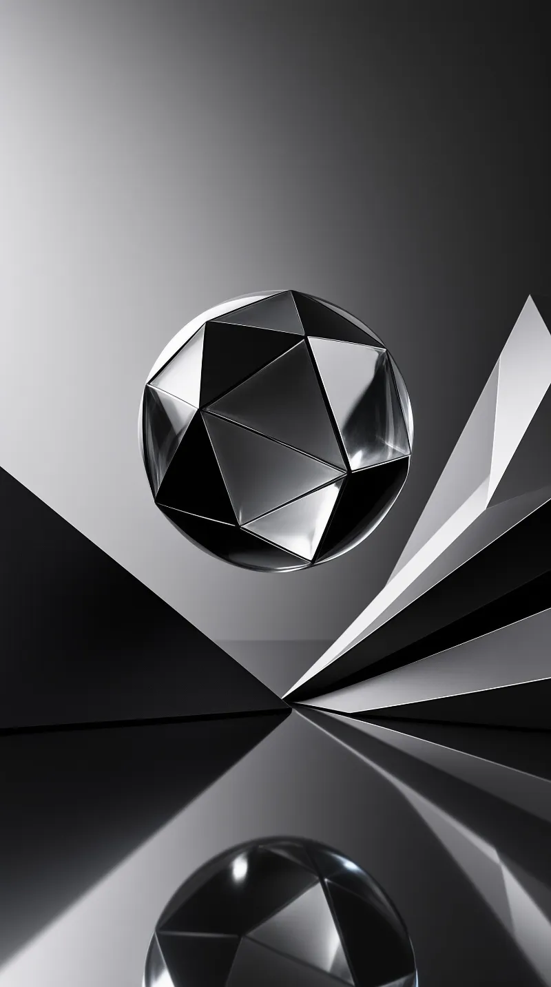 A crystal orb floats above a dark mirrored plane while radiating geometric rays create a monochrome composition