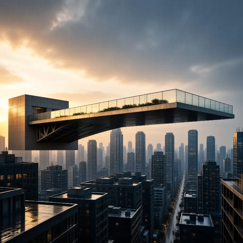 A large cantilevered walkway with glass railings stretches over a misty city skyline during sunset.