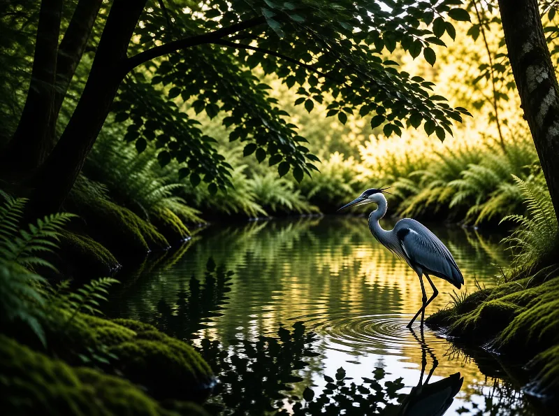 A grey heron wades through a calm stream surrounded by green ferns and mossy rocks illuminated by warm evening sun.