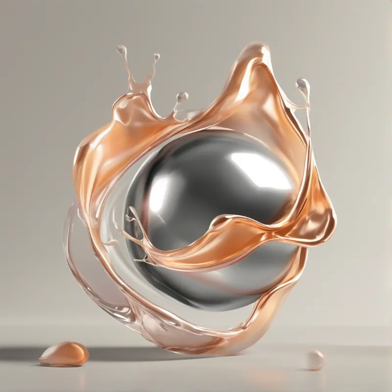 A reflective chrome sphere is wrapped by glossy rose gold liquid splashes on a neutral studio surface with soft even light.
