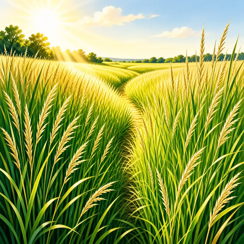 Ripe wheat stalks with golden heads and green leaves fill a field, with a path leading toward a sunlit horizon.