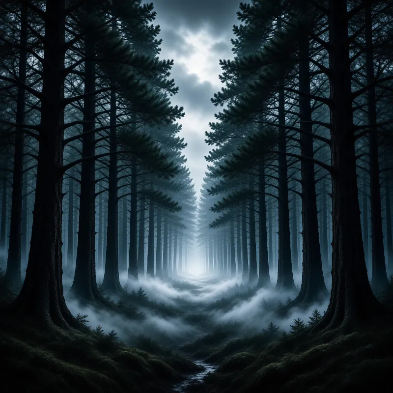 Tall coniferous trees line a central trail while low fog rolls across the mossy ground toward a bright horizon.