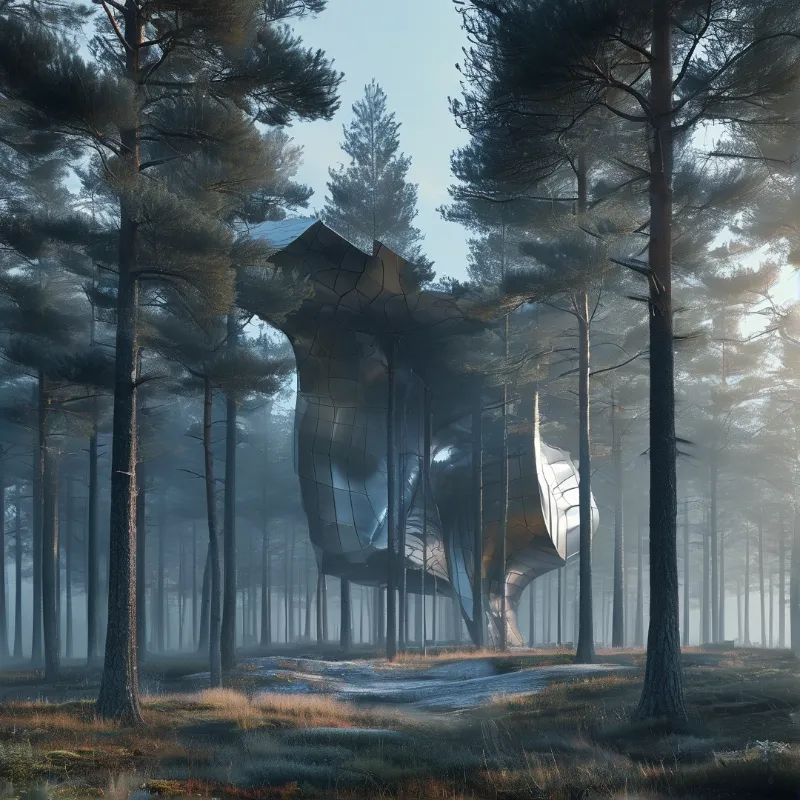A fractured mirrored pavilion hovers among tall pine trunks while morning fog drifts through the silent forest.